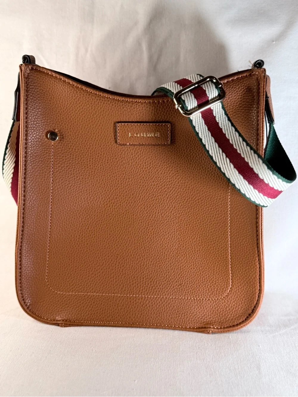 Tan Crossbody Messenger Bag with Striped Adjustable Woven Strap